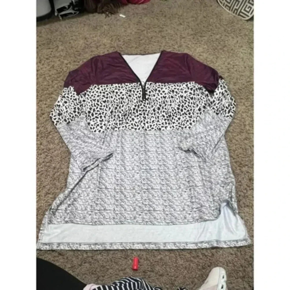 Leopard Print Color Block Casual Zip Front Long Sleeve Top
